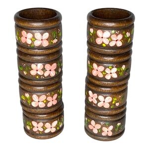 Vintage Set of 8 Floral Handpainted Wooden Napkin Rings